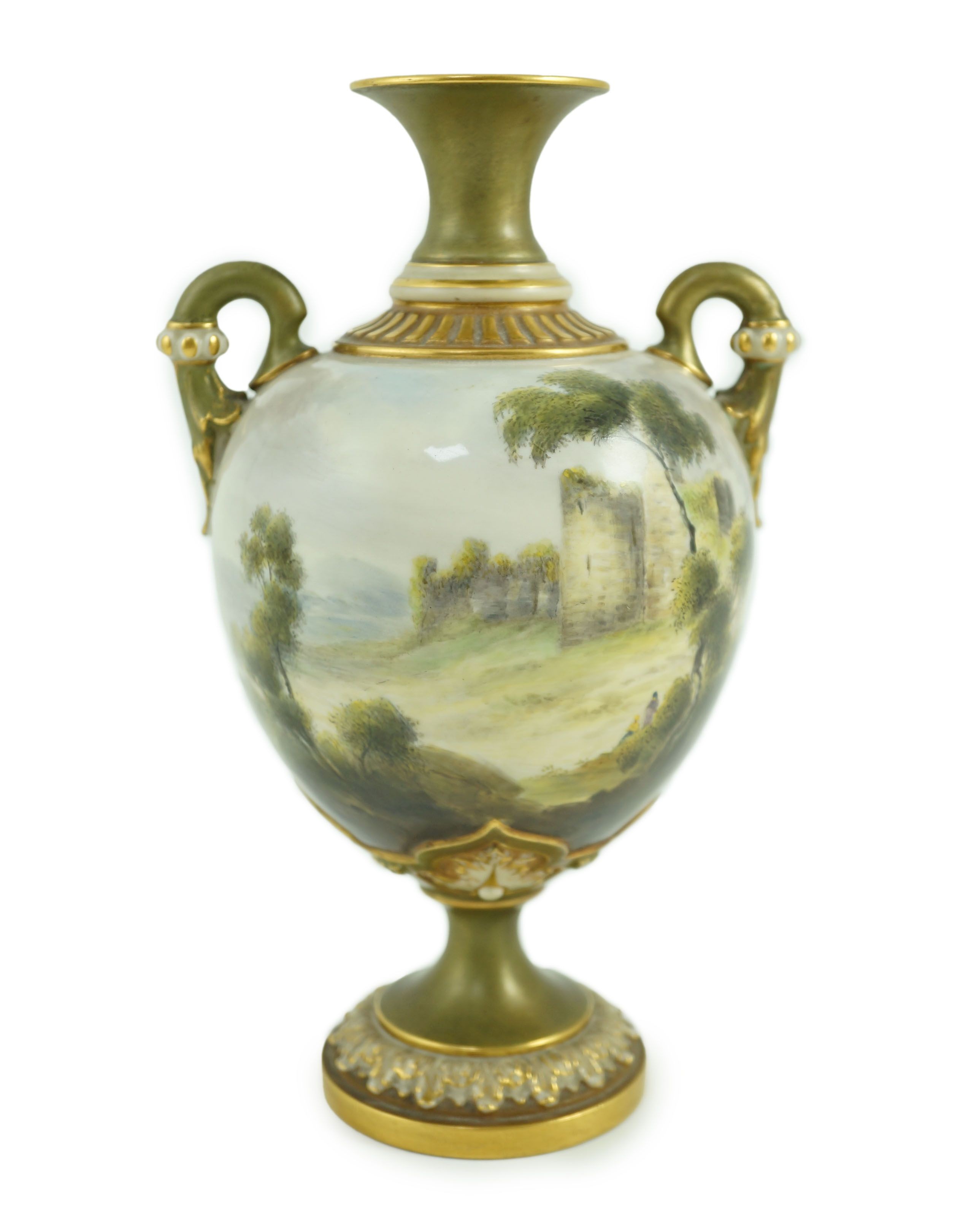 A Royal Worcester two handled vase painted with Caerphilly Castle by C. Johnson, c.1912, 21.5cm tall